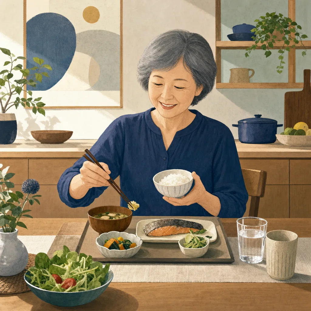 一人暮らしの日本人シニアの食卓（編集記事向け）。シニア一人暮らし、高齢者の食事、自立生活、一人ごはんの記事や案内に使える商用素材です。