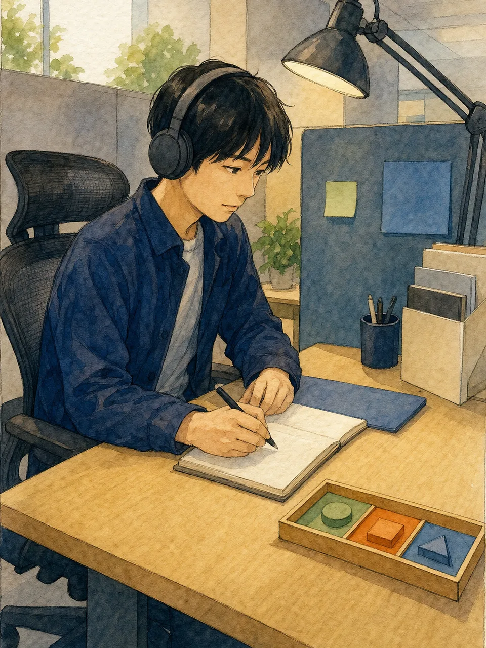 自分に合う静かな環境で働く日本人（手描き水彩）。静かな職場の合理的配慮、自分に合う作業環境、ニューロダイバーシティ、静かな職場の記事や案内に使える商用素材です。