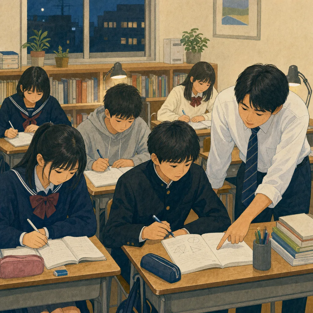 学習塾で勉強する日本の学生（編集記事向け）。塾、受験、学習支援、教育サービスに使える夜の学習場面です。