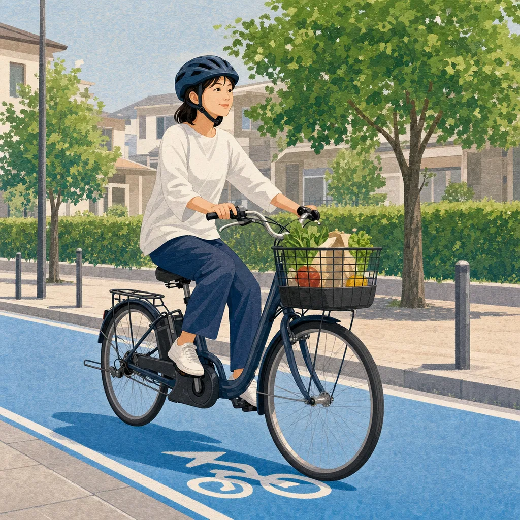 電動自転車で買い物に行く日本人（編集記事向け）。電動自転車で買い物、電動アシスト自転車、自転車の買い物、ヘルメットの記事や案内に使える商用素材です。