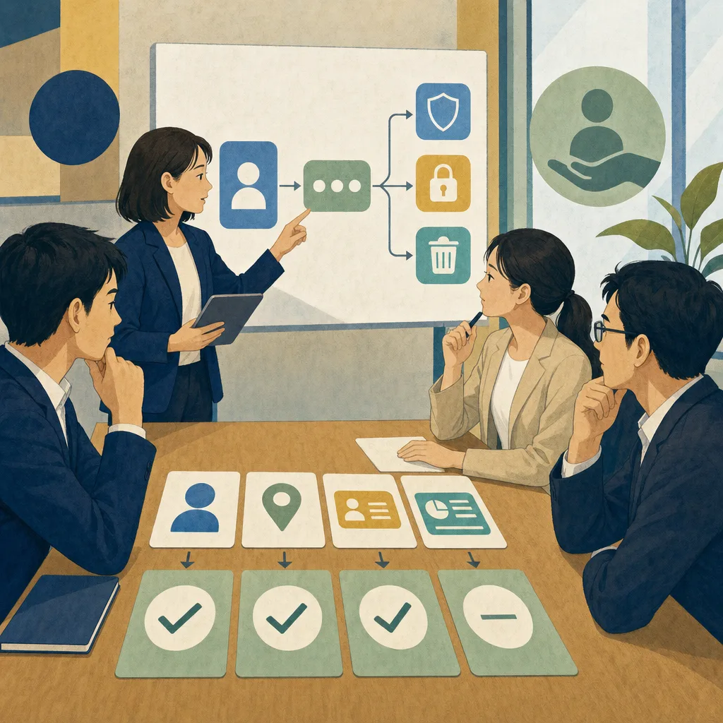 プライバシー影響評価をする日本人（編集記事向け）。プライバシー影響評価、PIA、個人情報保護、データ保護の記事や案内に使える商用素材です。