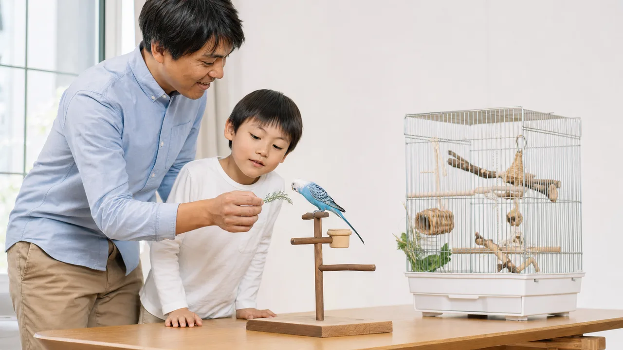 インコを世話する日本人家族（横長・コピースペース）。インコ、鳥、小動物、ペットケアの記事向け素材です。