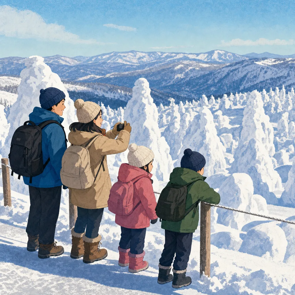 山形の樹氷を安全に楽しむ旅行者（編集記事向け）。山形旅行、樹氷、雪景色、東北旅行の記事や案内に使える商用素材です。