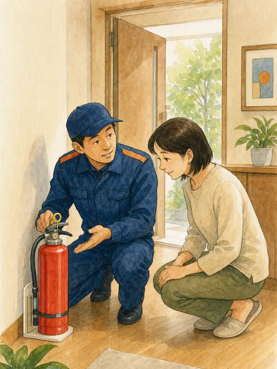 家庭用消火器を確認する日本人（手描き水彩）。家庭用消火器、防火、住宅防災、火災予防の記事や案内に使える商用素材です。