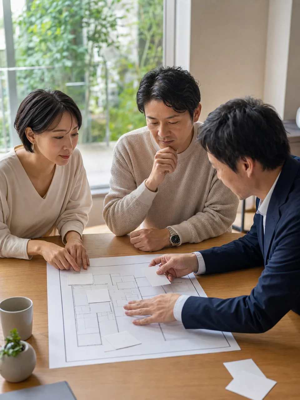 注文住宅の打合せをする日本人（自然な縦位置写真）。注文住宅打合せ、家づくり、設計相談、住宅の記事向け素材です。