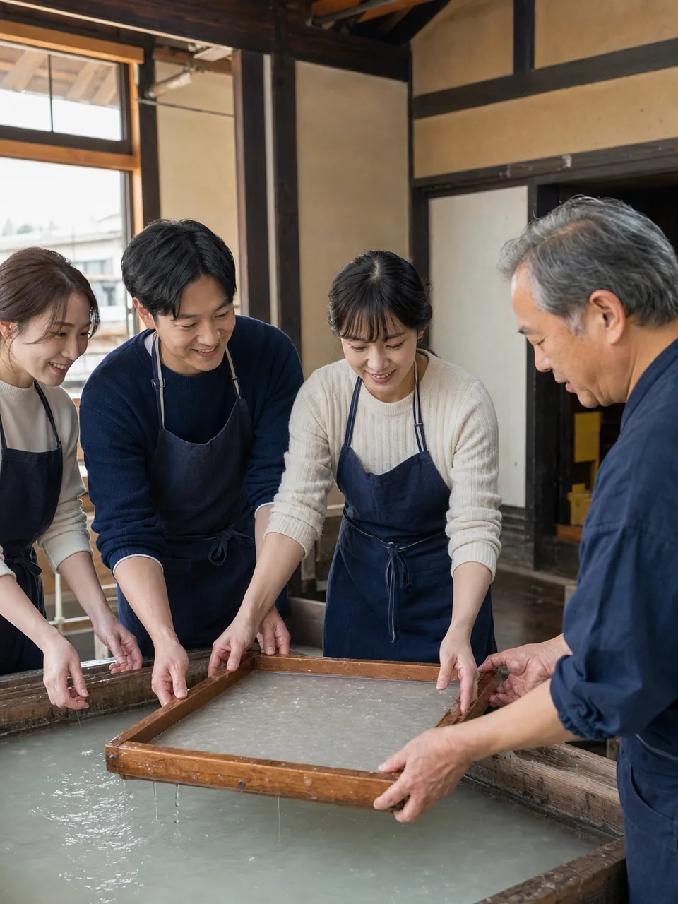 和紙作りを体験する日本人（自然な縦位置写真）。和紙作り、伝統工芸、紙すき、職人体験の記事や案内に使える商用素材です。