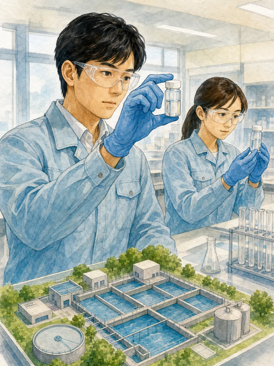 排水処理を分析する日本人技術者（手描き水彩）。排水処理、水処理、環境分析、水質検査の記事や案内に使える商用素材です。