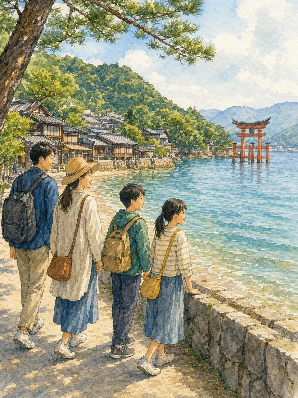 宮島の海辺を訪れる日本人旅行者（手描き水彩）。宮島、瀬戸内、島旅、国内旅行の記事向け素材です。