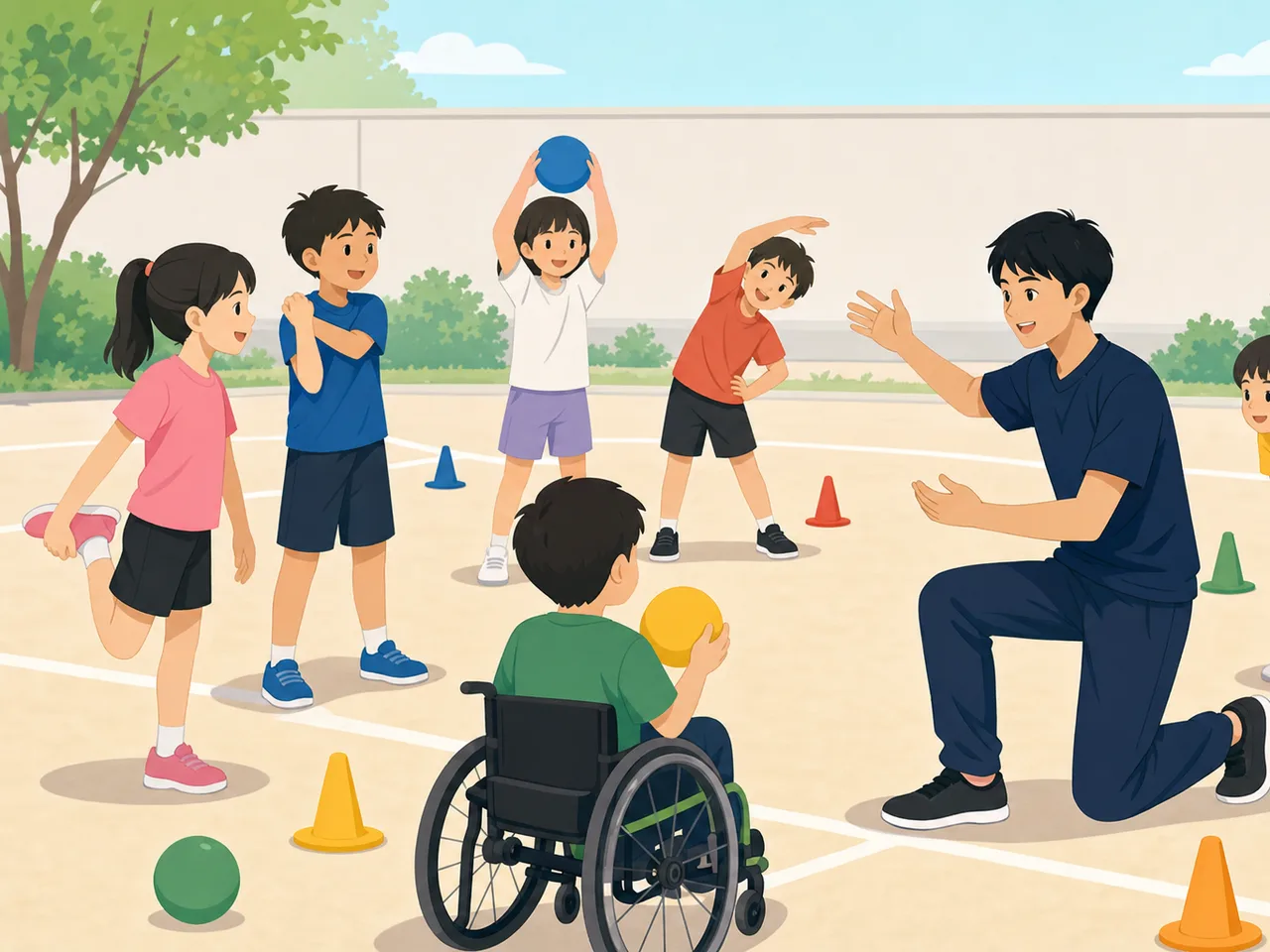 子どもの運動を支える日本人スポーツ指導者（フラットイラスト）。スポーツ指導者、子どもスポーツ、運動教室、コーチの記事や案内に使える商用素材です。