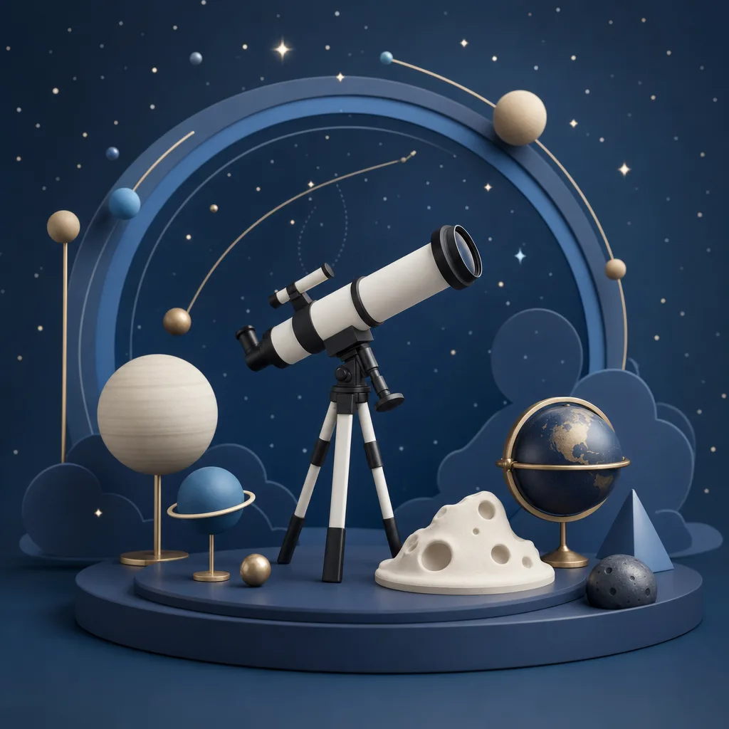宇宙観測を表す抽象背景（立体ディスプレイ）。宇宙背景、天体観測、星空、宇宙研究の記事や案内に使える商用素材です。