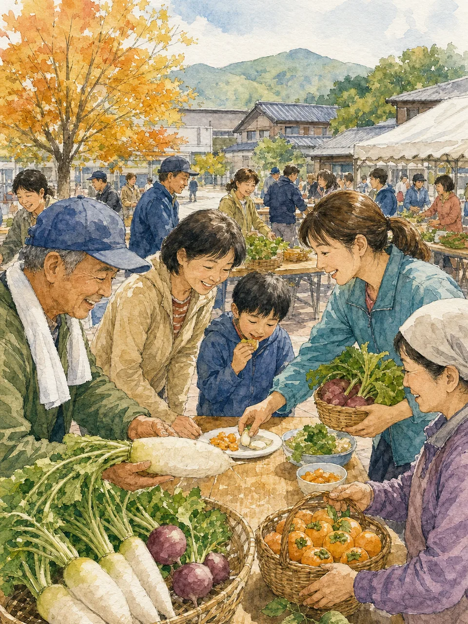 地域の収穫祭を楽しむ日本人（手描き水彩）。収穫祭、地域行事、秋、農産物の記事向け素材です。