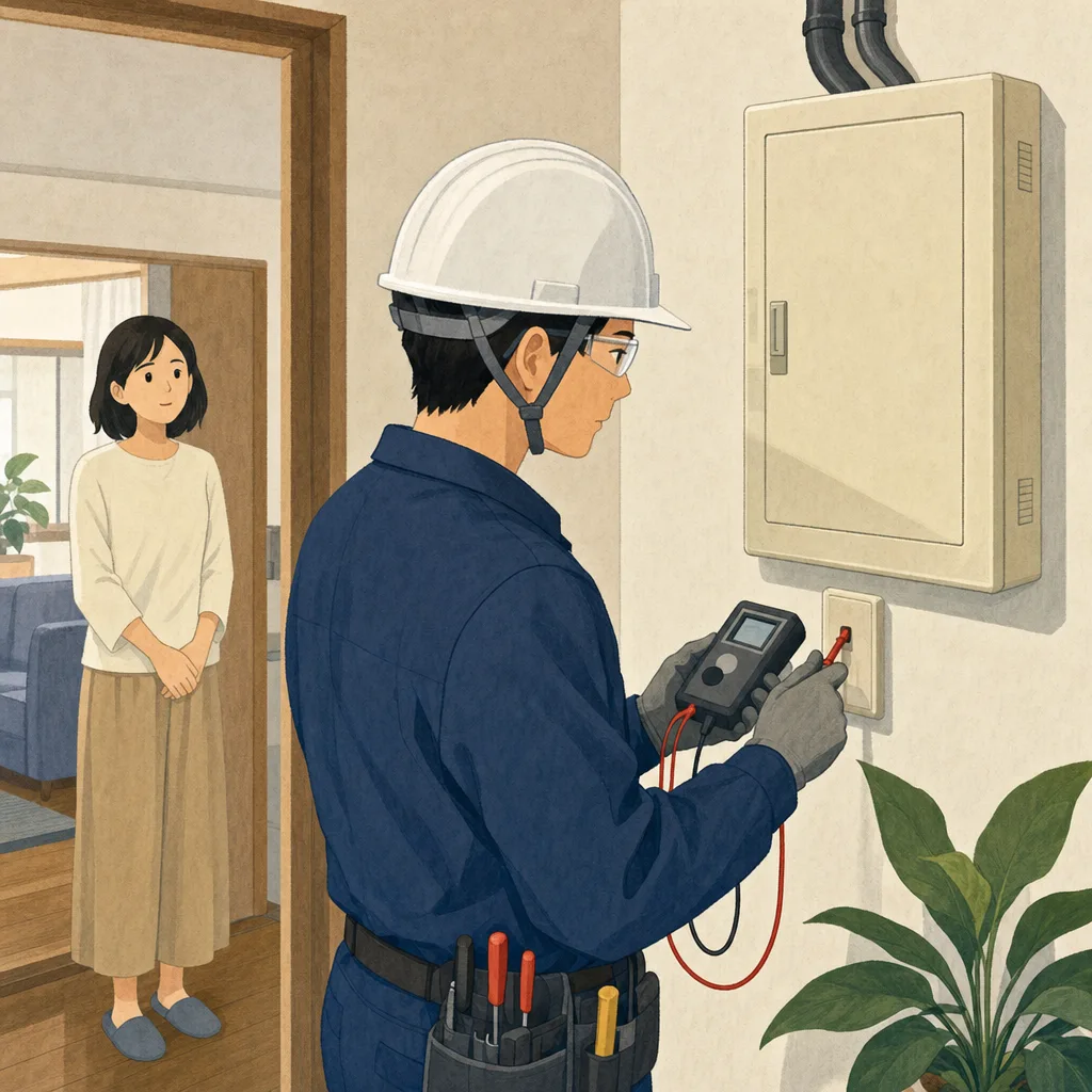 住宅の分電盤を点検する日本人電気技術者（編集記事向け）。分電盤点検、電気設備、住宅点検、電気工事士の記事や案内に使える商用素材です。
