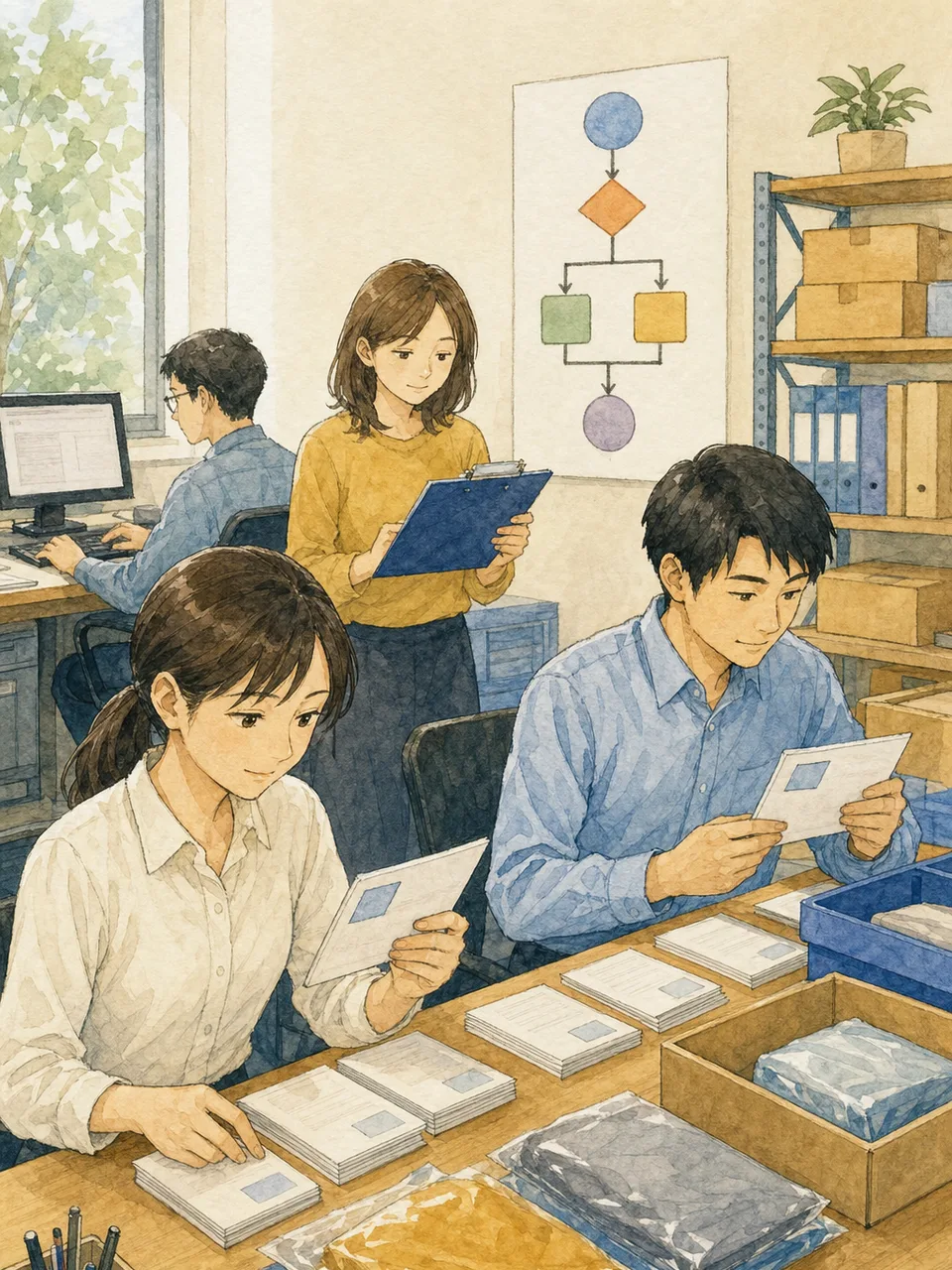 請求書を管理する日本人経理担当者（手描き水彩）。請求書管理、経理、支払業務、買掛金の記事や案内に使える商用素材です。