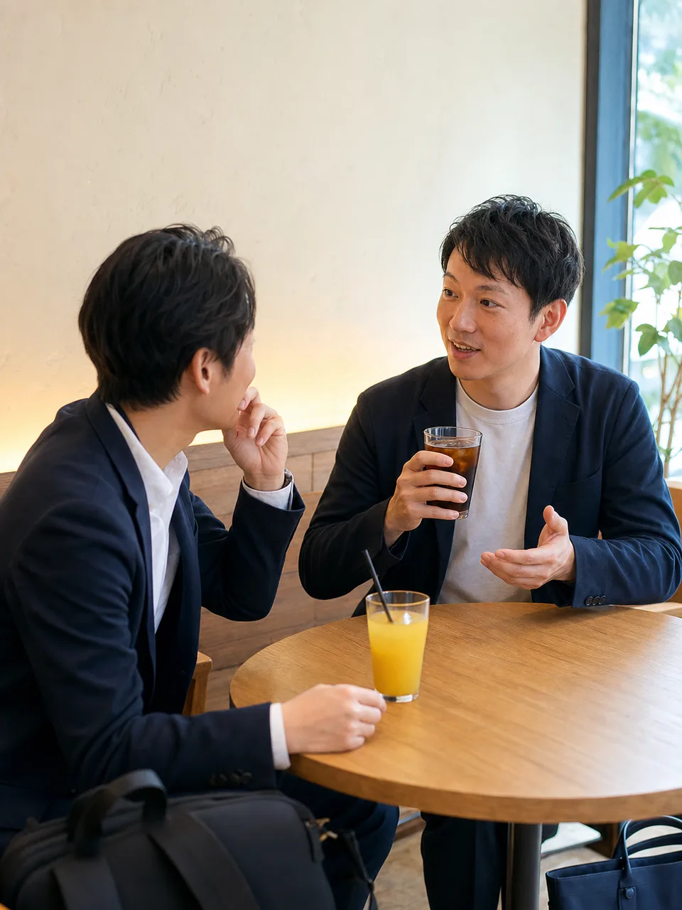 仕事帰りに話す日本人の友人（自然な縦位置写真）。仕事帰りのノンアルカフェ、退勤後の友人との会話、仕事帰り、友人の記事や案内に使える商用素材です。
