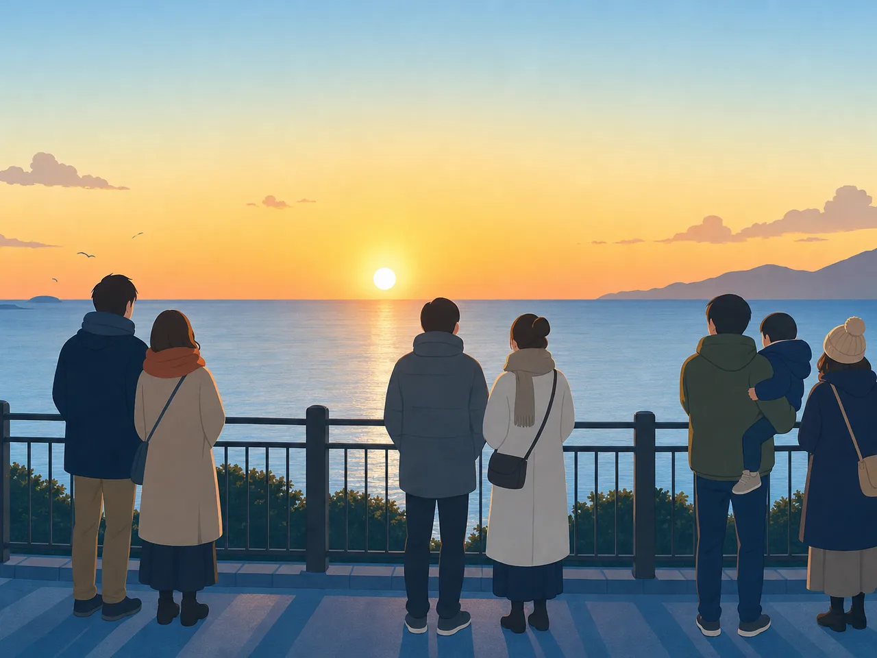 初日の出を眺める日本人（フラットイラスト）。初日の出、正月、新年、冬の行事の記事や案内に使える商用素材です。