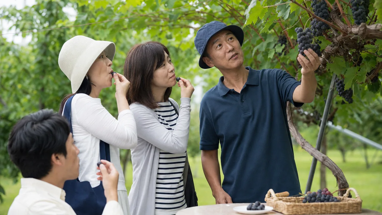 山梨のぶどう畑を訪れる旅行者（横長・コピースペース）。山梨旅行、ぶどう畑、果樹園、ぶどう狩りの記事や案内に使える商用素材です。