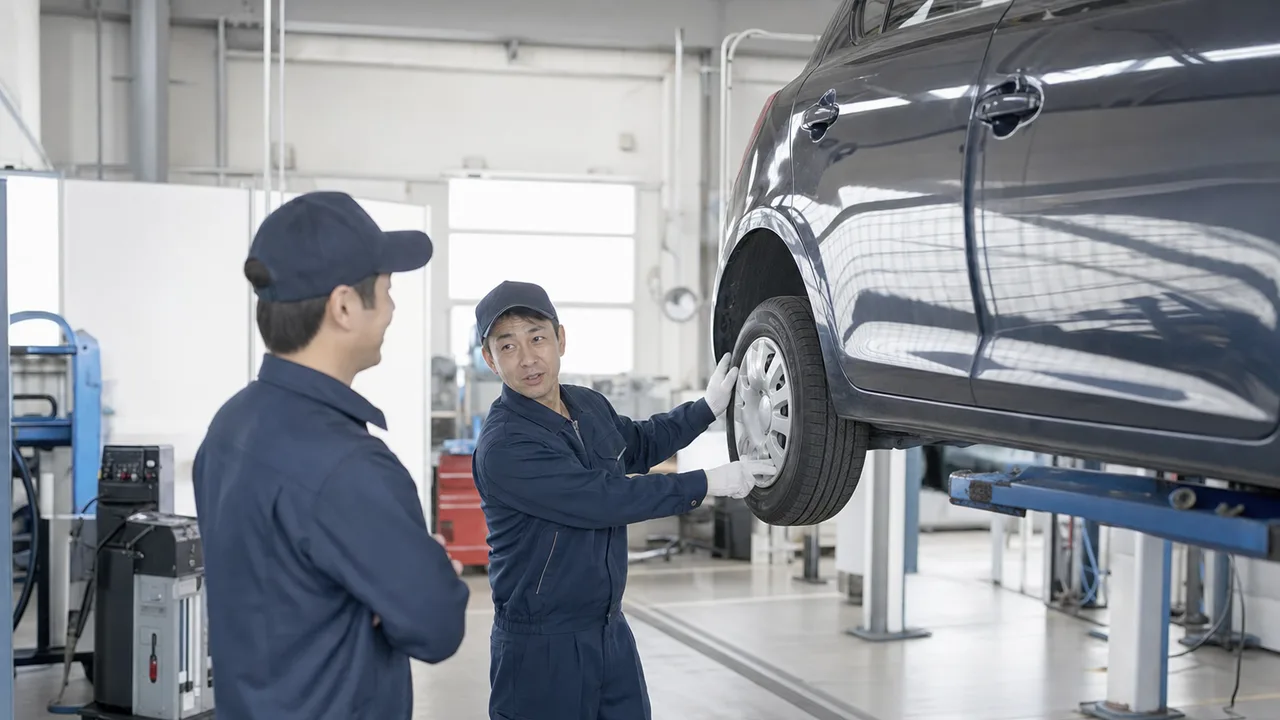 自動車を点検する日本人整備士（横長・コピースペース）。整備士、自動車点検、車検、安全管理の記事に使える仕事素材です。