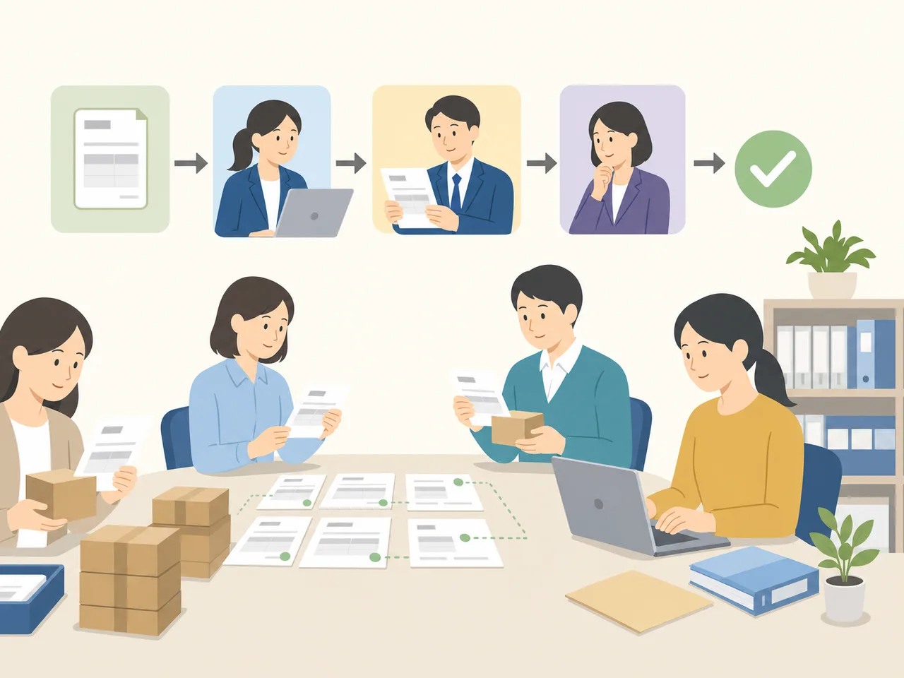 請求書を管理する日本人経理担当者（フラットイラスト）。請求書管理、経理、支払業務、買掛金の記事や案内に使える商用素材です。
