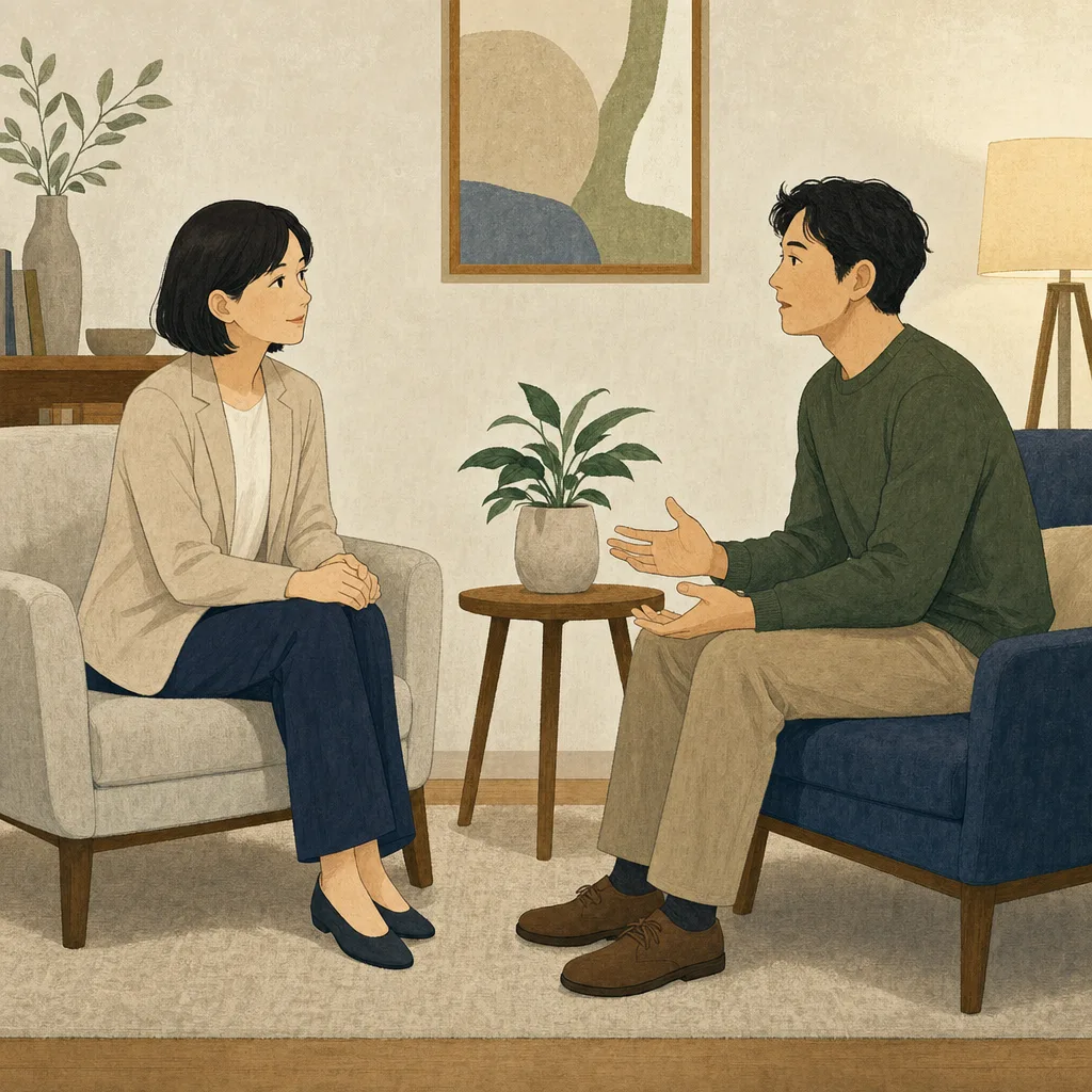心理カウンセラーに相談する日本人（編集記事向け）。心理カウンセラー、悩み相談、メンタルヘルス、支援の記事向け素材です。