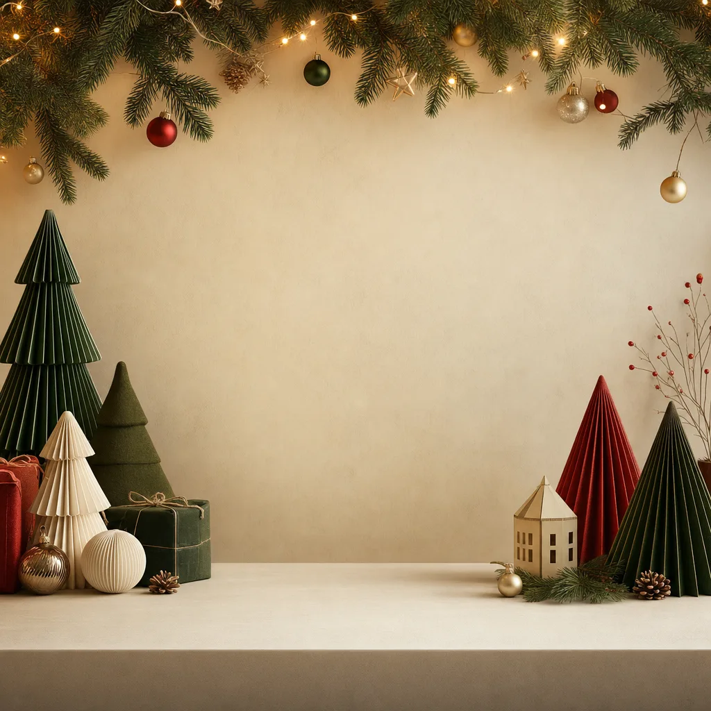 クリスマスの余白背景（立体ディスプレイ）。バナー、カード、告知画像に文字を配置しやすい、上品なクリスマス背景です。