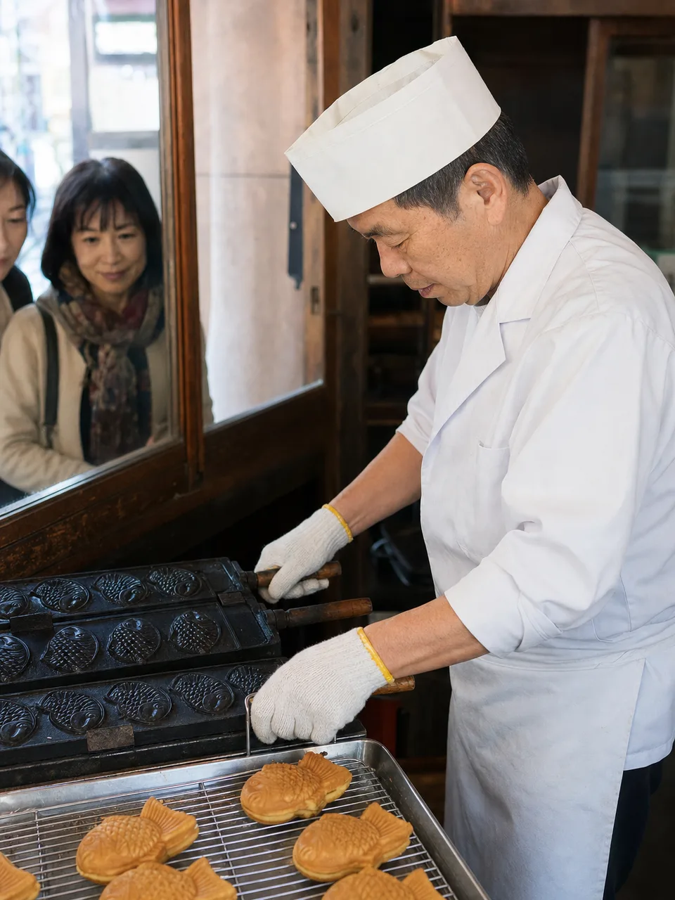 たい焼きを焼く日本人店員（自然な縦位置写真）。たい焼き、和菓子、商店街、食べ歩きの記事向け素材です。