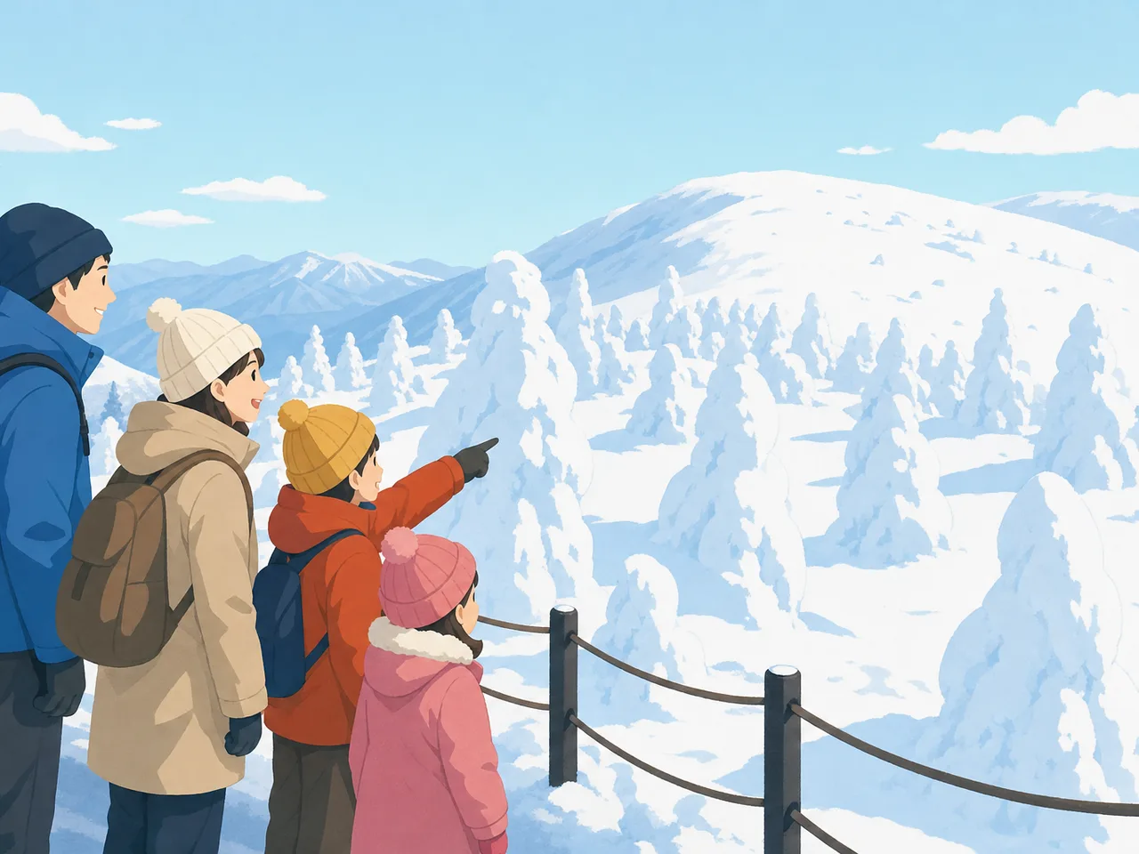 山形の樹氷を安全に楽しむ旅行者（フラットイラスト）。山形旅行、樹氷、雪景色、東北旅行の記事や案内に使える商用素材です。