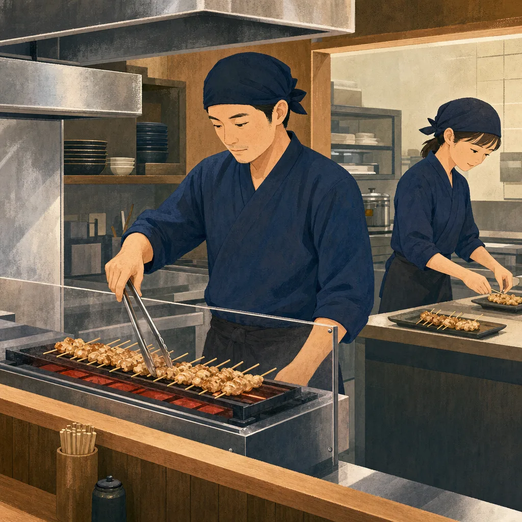 焼き鳥を仕上げる日本人料理人（編集記事向け）。焼き鳥、料理人、飲食店、和食の記事向け素材です。