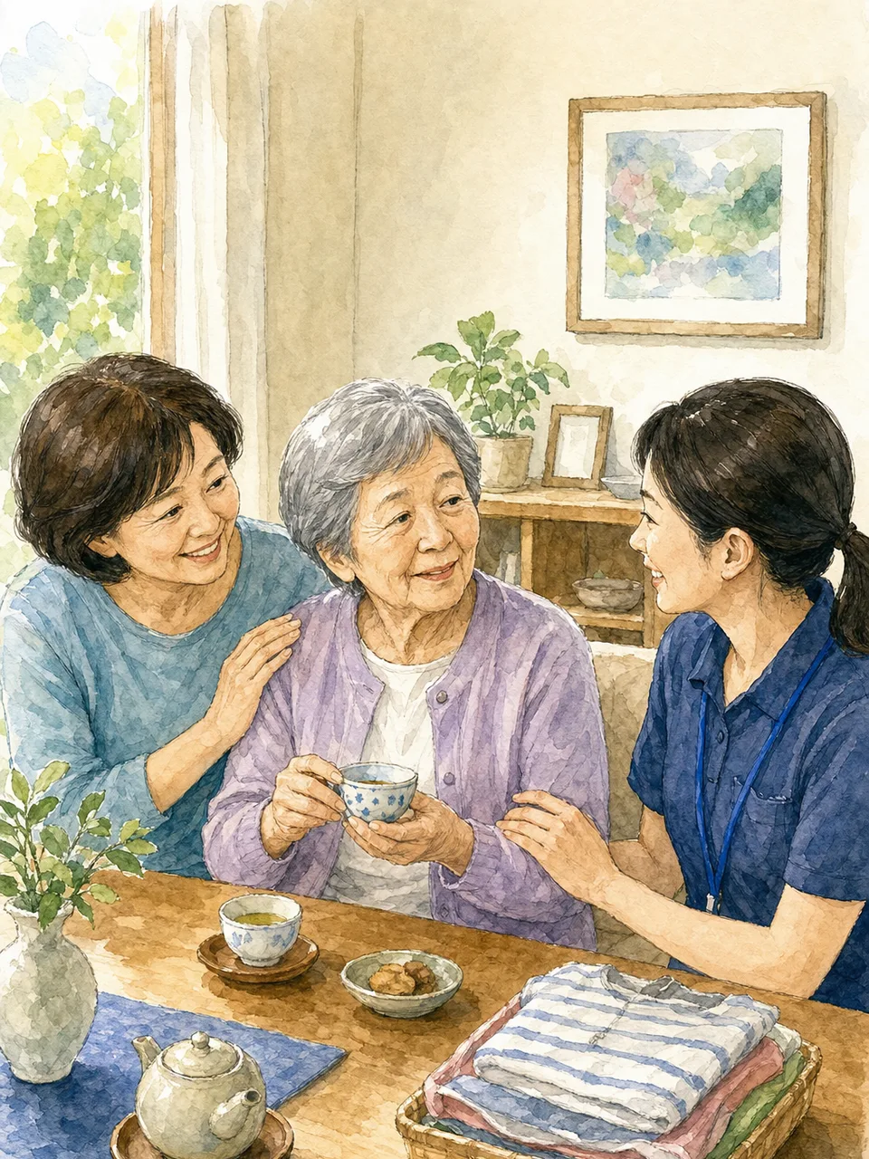 認知症の高齢者を支える家族と介護職（手描き水彩）。認知症、在宅介護、デイサービス、家族支援の記事向け素材です。