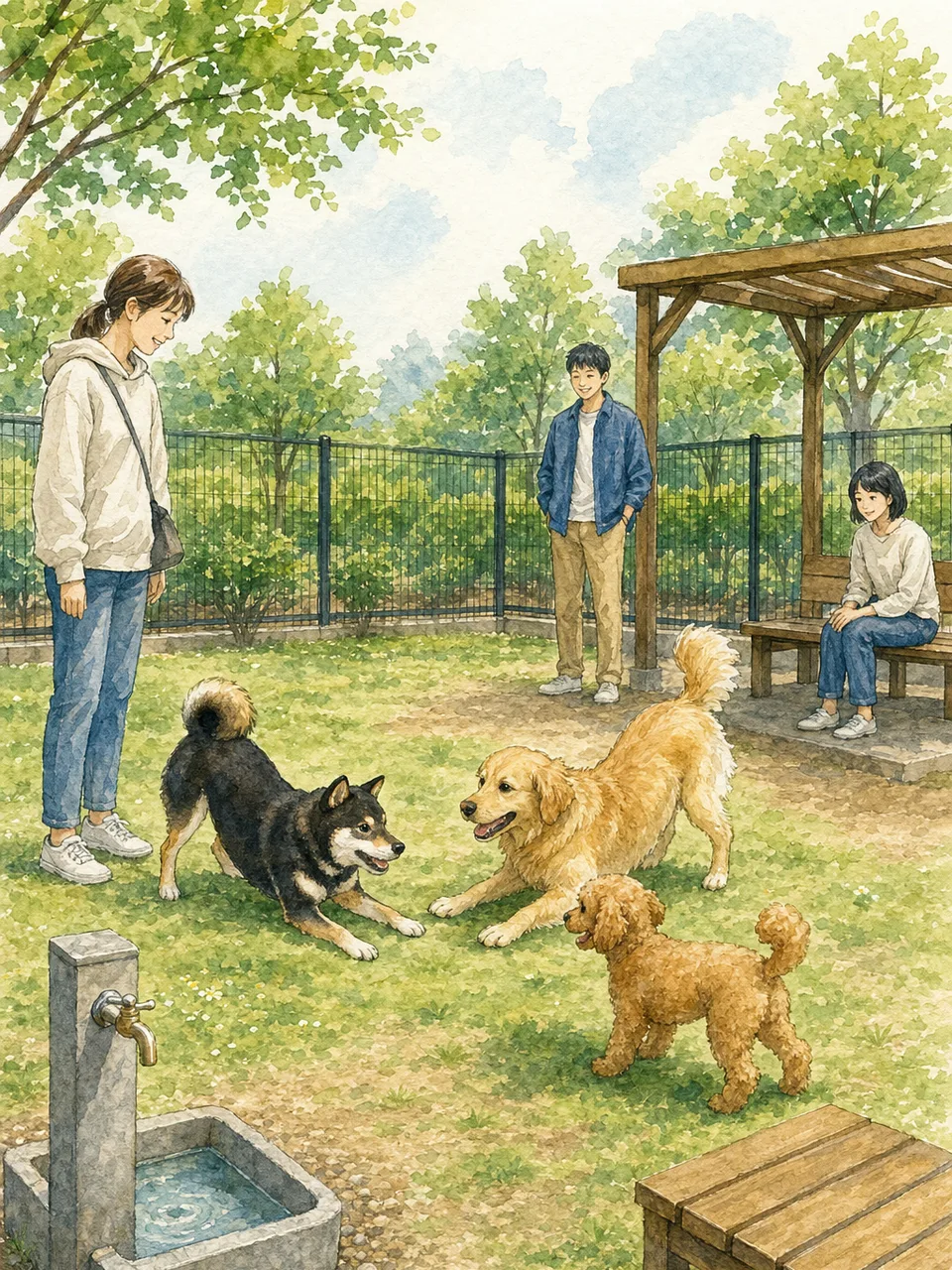 ドッグランで遊ぶ犬と日本人（手描き水彩）。ドッグラン、犬、飼い主、ペットの交流の記事向け素材です。