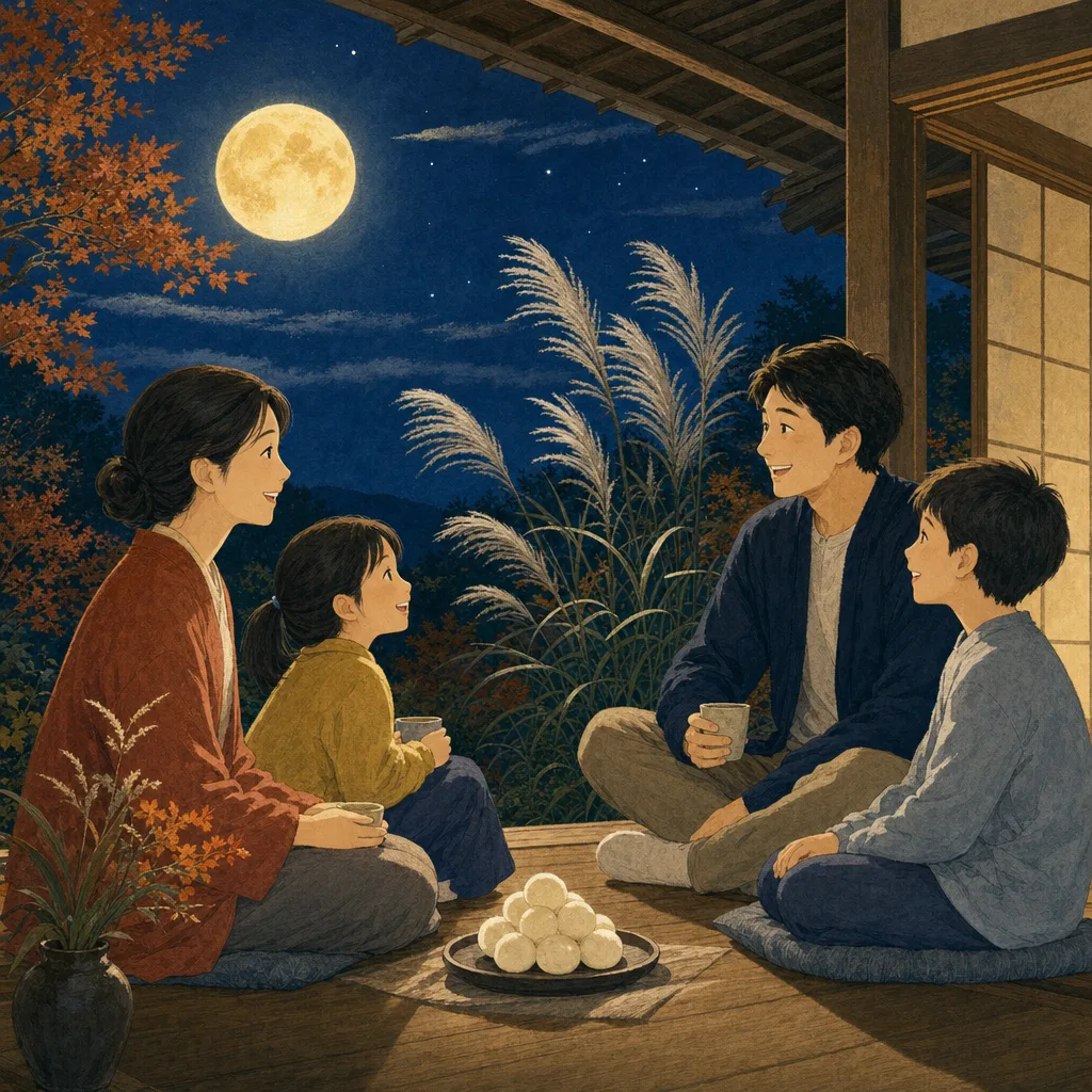 十五夜を楽しむ日本人家族（編集記事向け）。十五夜、お月見、秋、家族の年中行事に使える素材です。