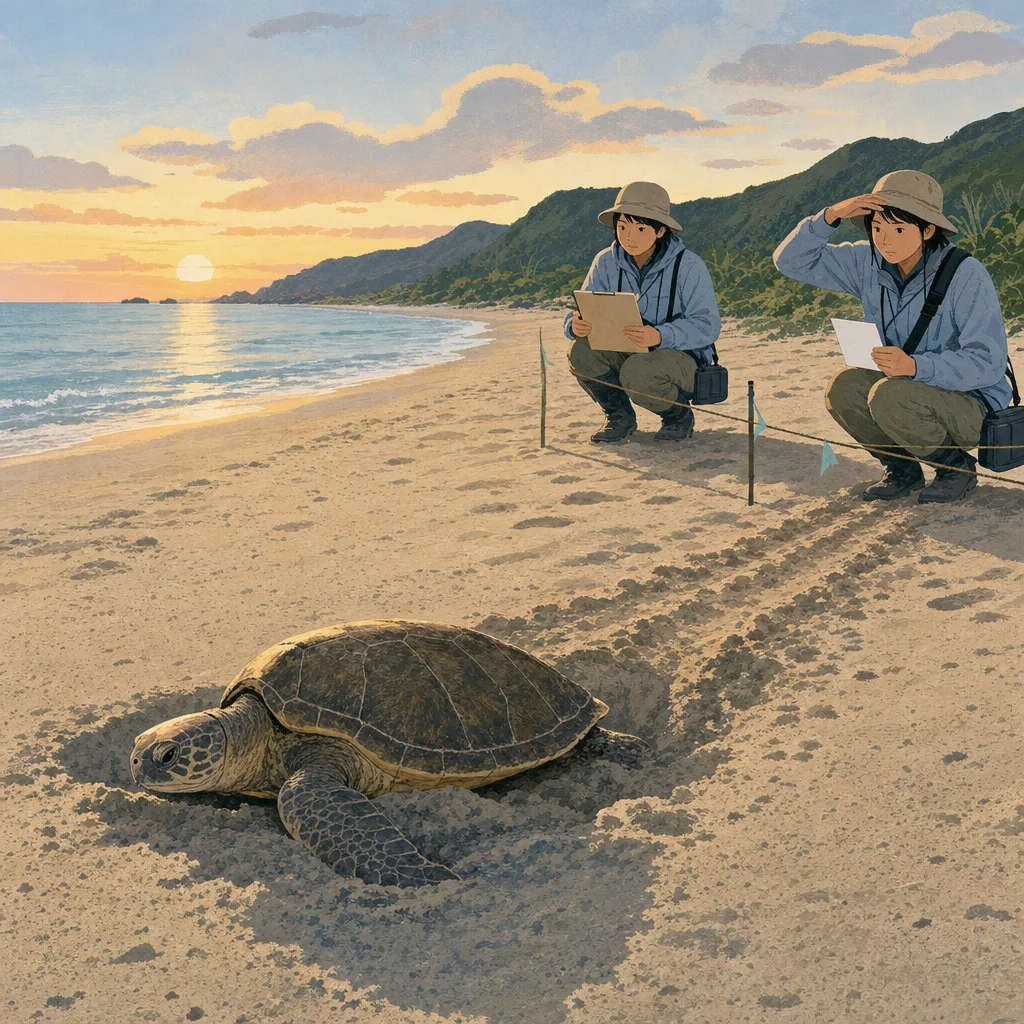 ウミガメ保全を調査する日本人（編集記事向け）。ウミガメ保全、海洋生物、自然保護、海岸調査の記事や案内に使える商用素材です。