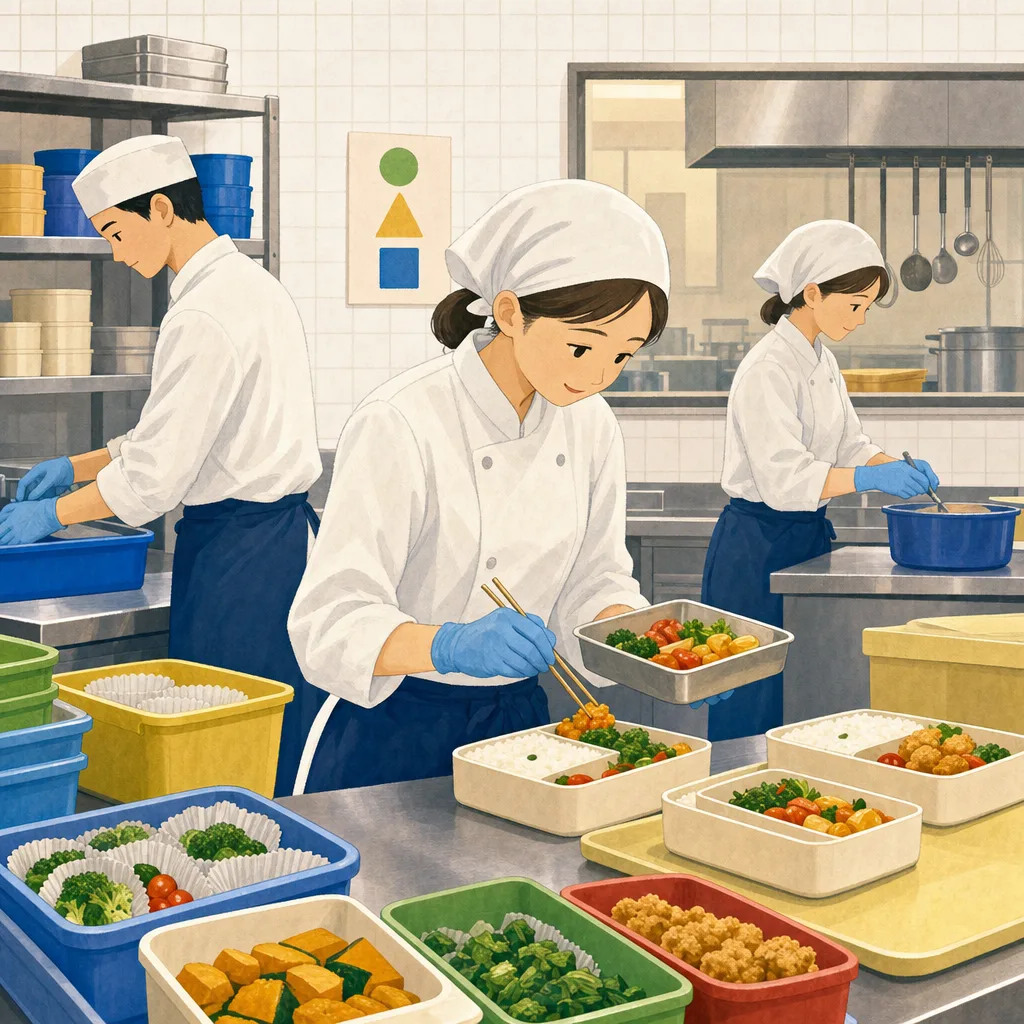 アレルギーに配慮した昼食を準備する日本人（編集記事向け）。アレルギー対応食、給食、食物アレルギー、調理の記事や案内に使える商用素材です。