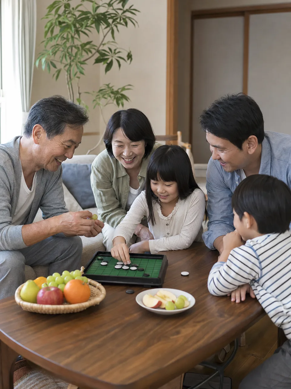 家族団らんを楽しむ日本人（自然な縦位置写真）。家族団らん、三世代、休日、リビングの記事向け素材です。