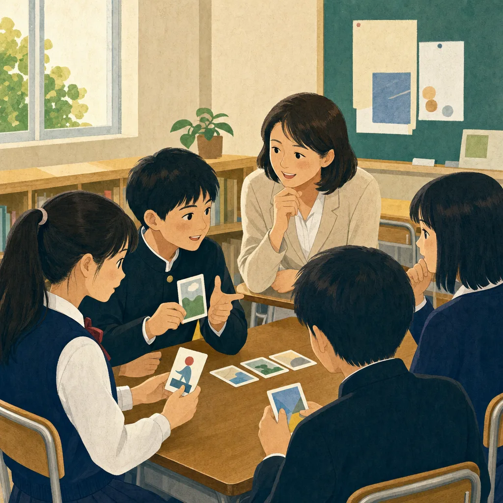 授業を進める日本人中学校教師（編集記事向け）。中学校教師、授業、学校教育、生徒の学びの記事向け素材です。