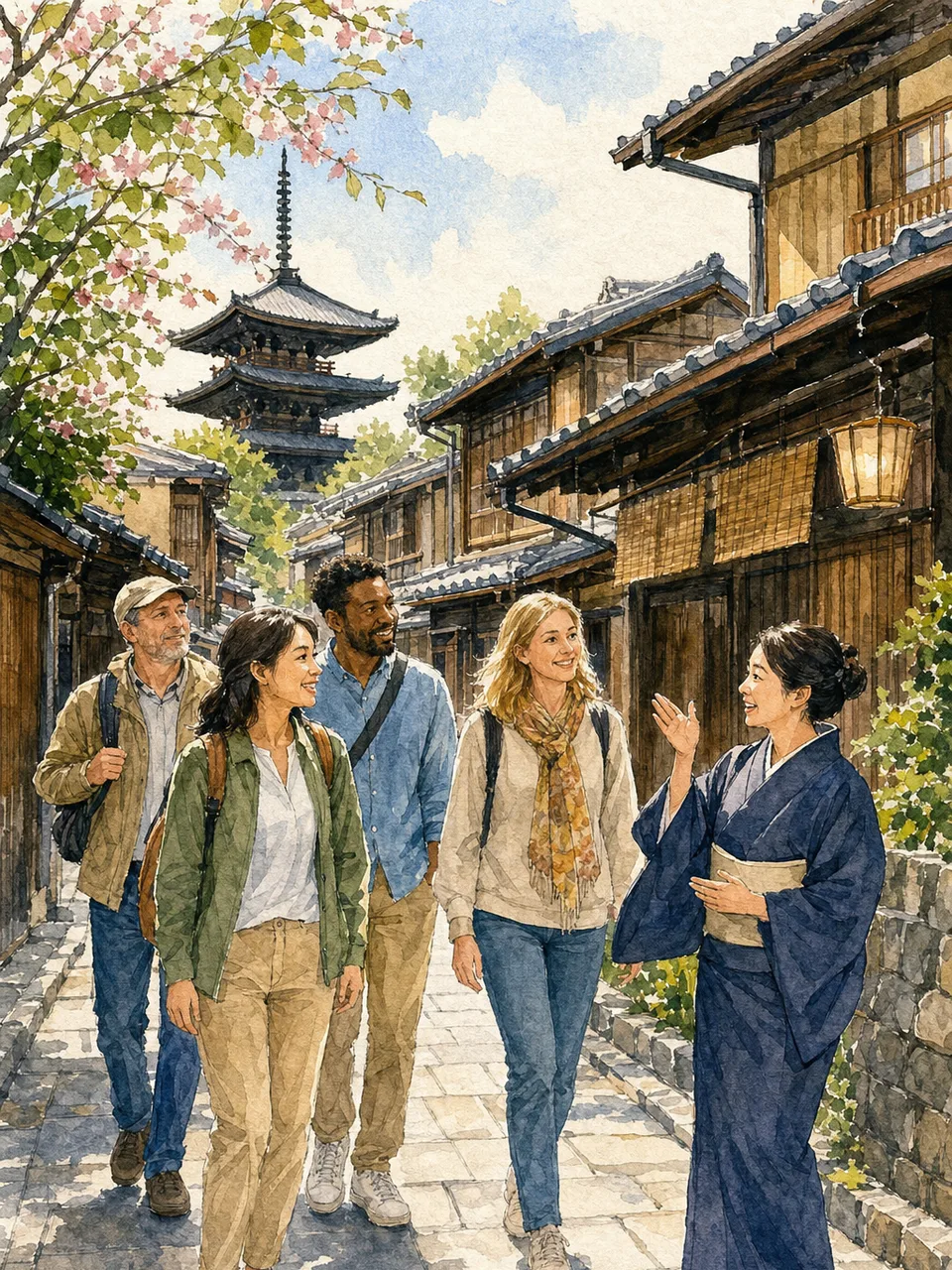 京都の街を歩く訪日観光客（手描き水彩）。インバウンド、京都観光、旅行案内、地域サービスに使える素材です。