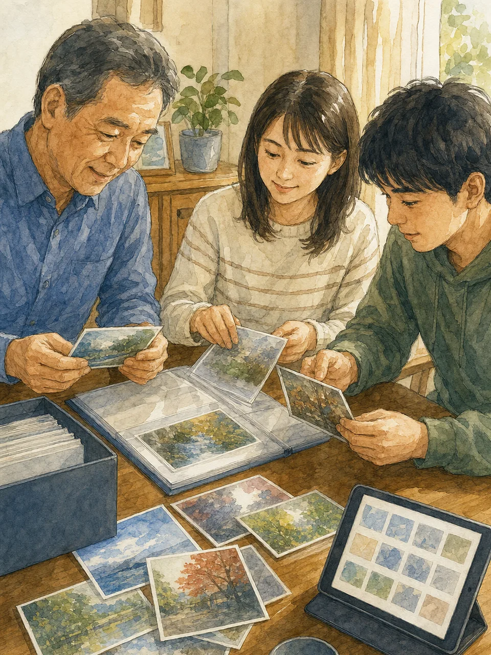 家族写真を整理する日本人（手描き水彩）。写真整理、家族写真、デジタル整理、思い出の記事向け素材です。