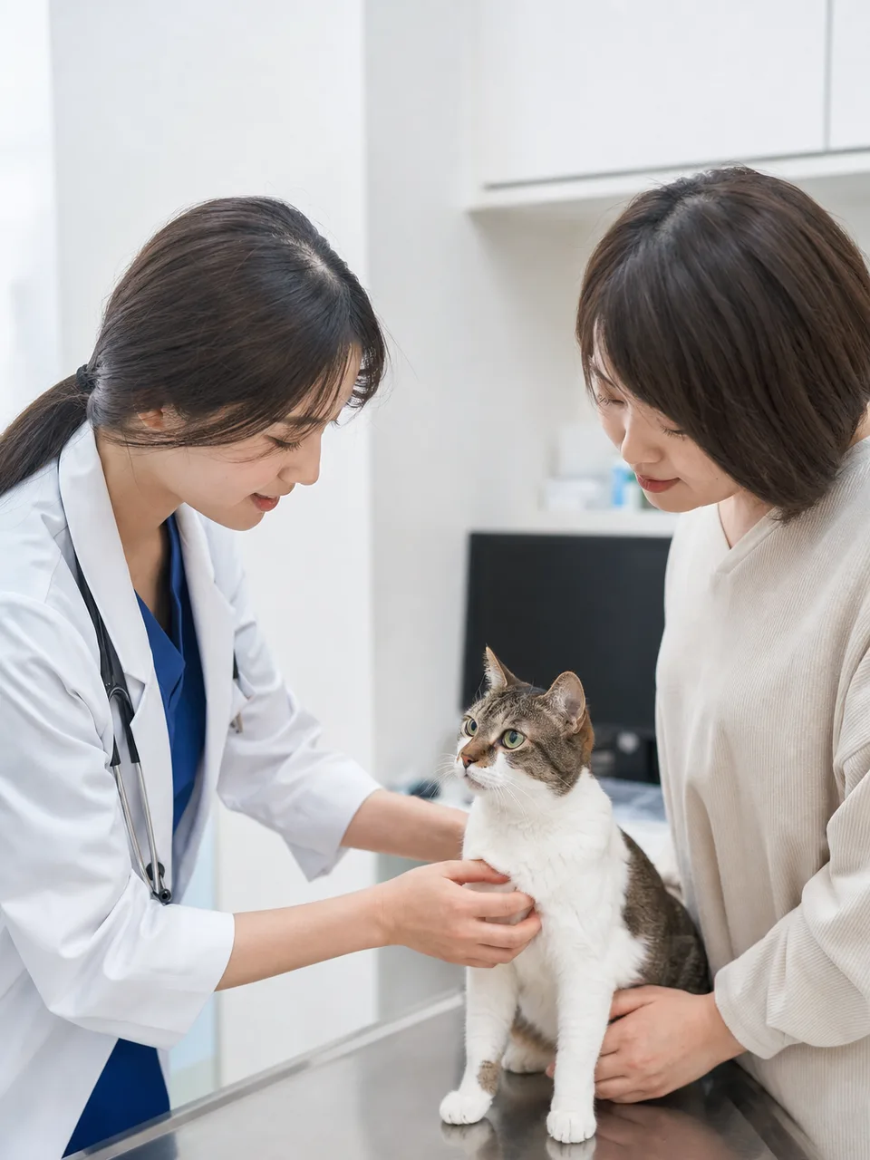 動物病院で診察を受ける猫（自然な縦位置写真）。ペット医療、保険、飼育情報の記事に使える、獣医師と猫と飼い主の素材です。