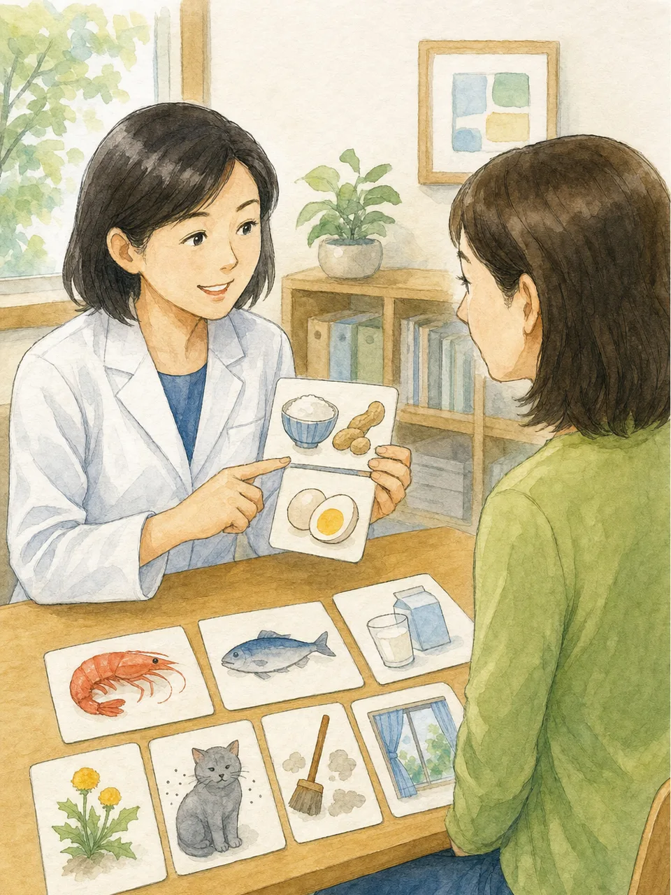 アレルギー対策を相談する日本人（手描き水彩）。アレルギー相談、アレルギー対策、医療相談、食物アレルギーの記事や案内に使える商用素材です。