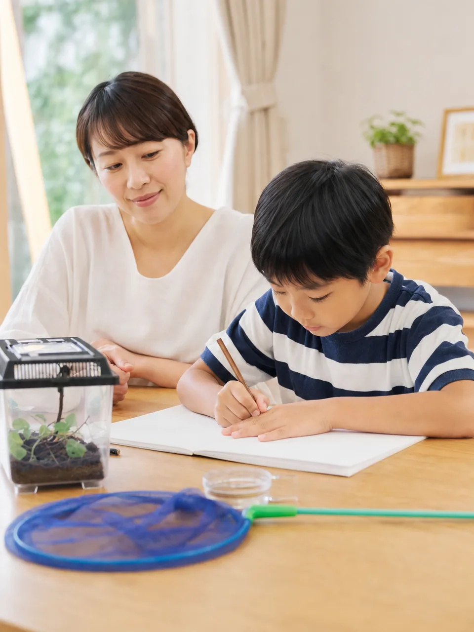 夏休みの宿題に取り組む日本人の子ども（自然な縦位置写真）。夏休みの宿題、子ども、家庭学習、夏の記事向け素材です。