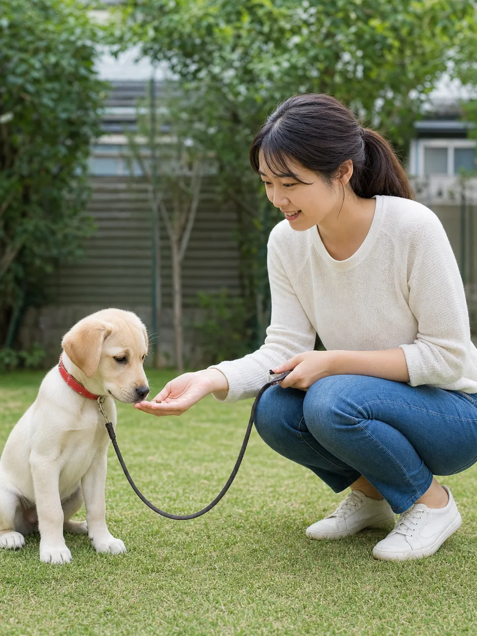 子犬をしつける日本人飼い主（自然な縦位置写真）。子犬、犬のしつけ、ペットケア、暮らしの記事向け素材です。