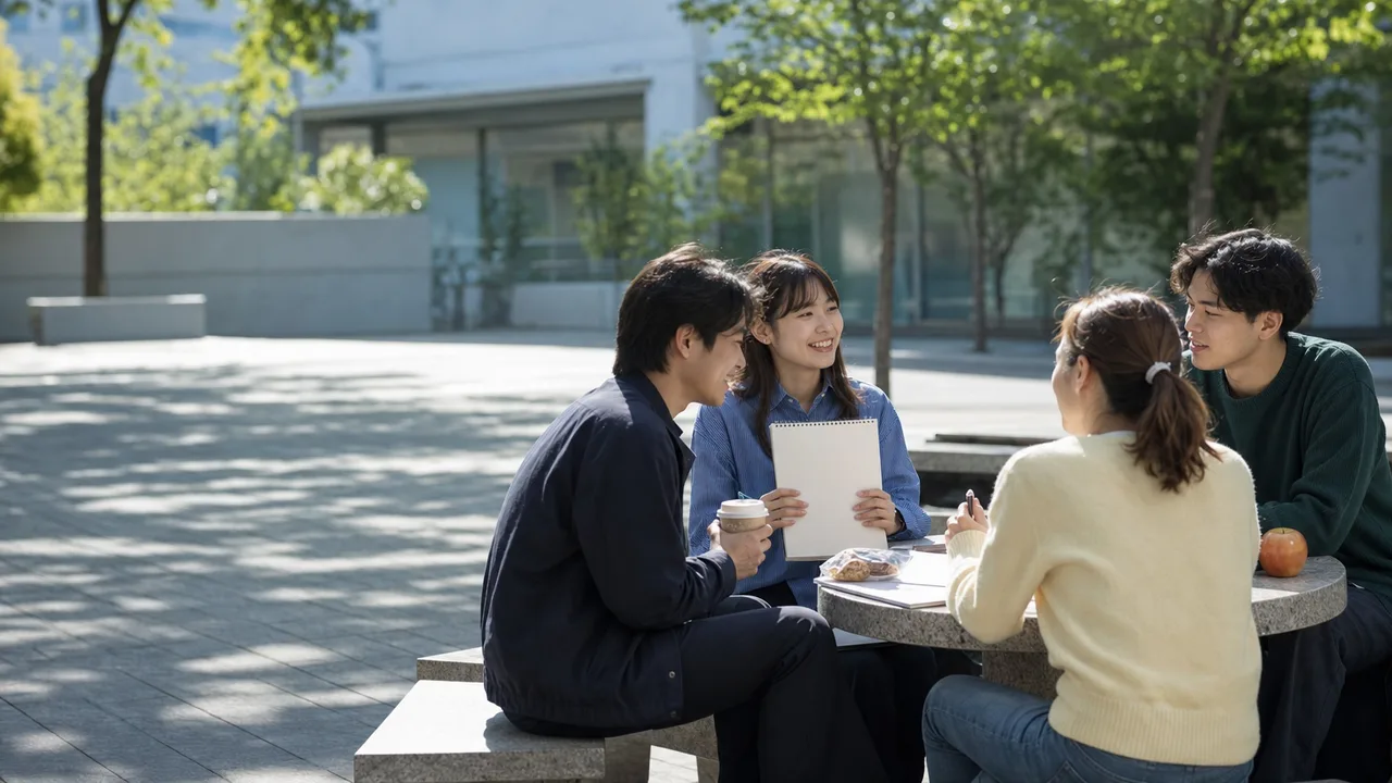 キャンパスで過ごす日本人大学生の友人（横長・コピースペース）。大学生の友人、キャンパス、友情、学生生活の記事向け素材です。