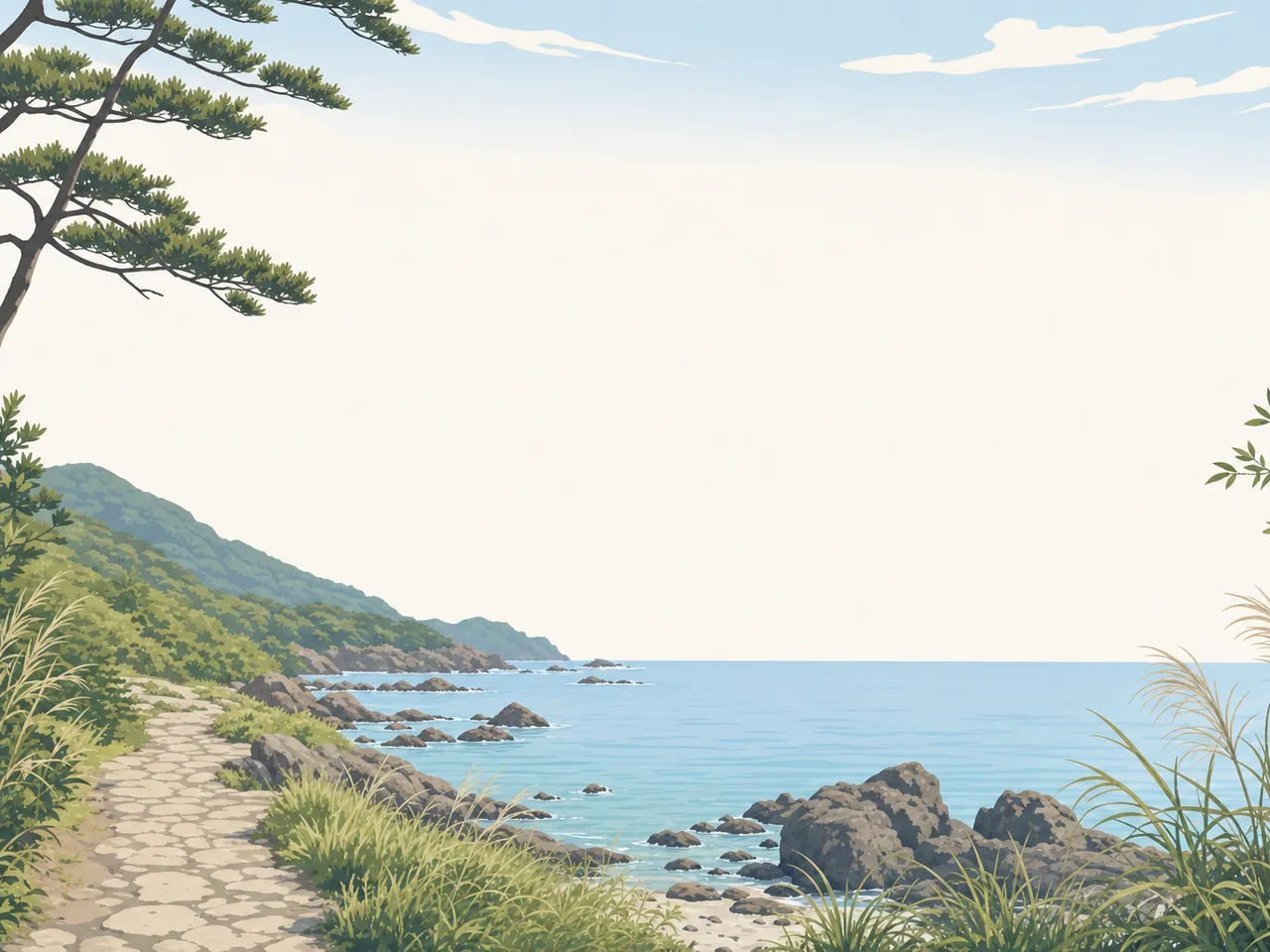 日本の離島に広がる海岸（フレームイラスト）。離島の海岸、島、海、自然景観向け素材です。