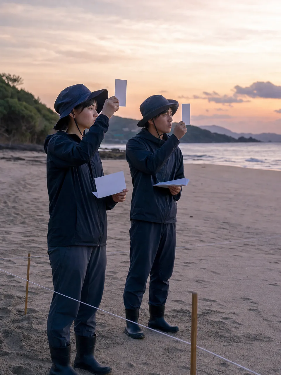 ウミガメ保全を調査する日本人（自然な縦位置写真）。ウミガメ保全、海洋生物、自然保護、海岸調査の記事や案内に使える商用素材です。