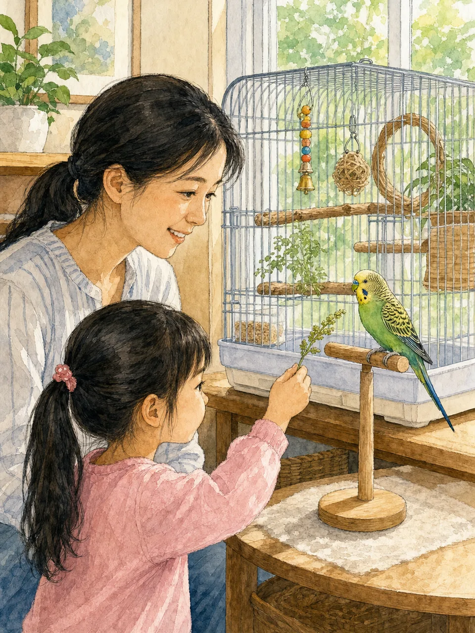 インコを世話する日本人家族（手描き水彩）。インコ、鳥、小動物、ペットケアの記事向け素材です。