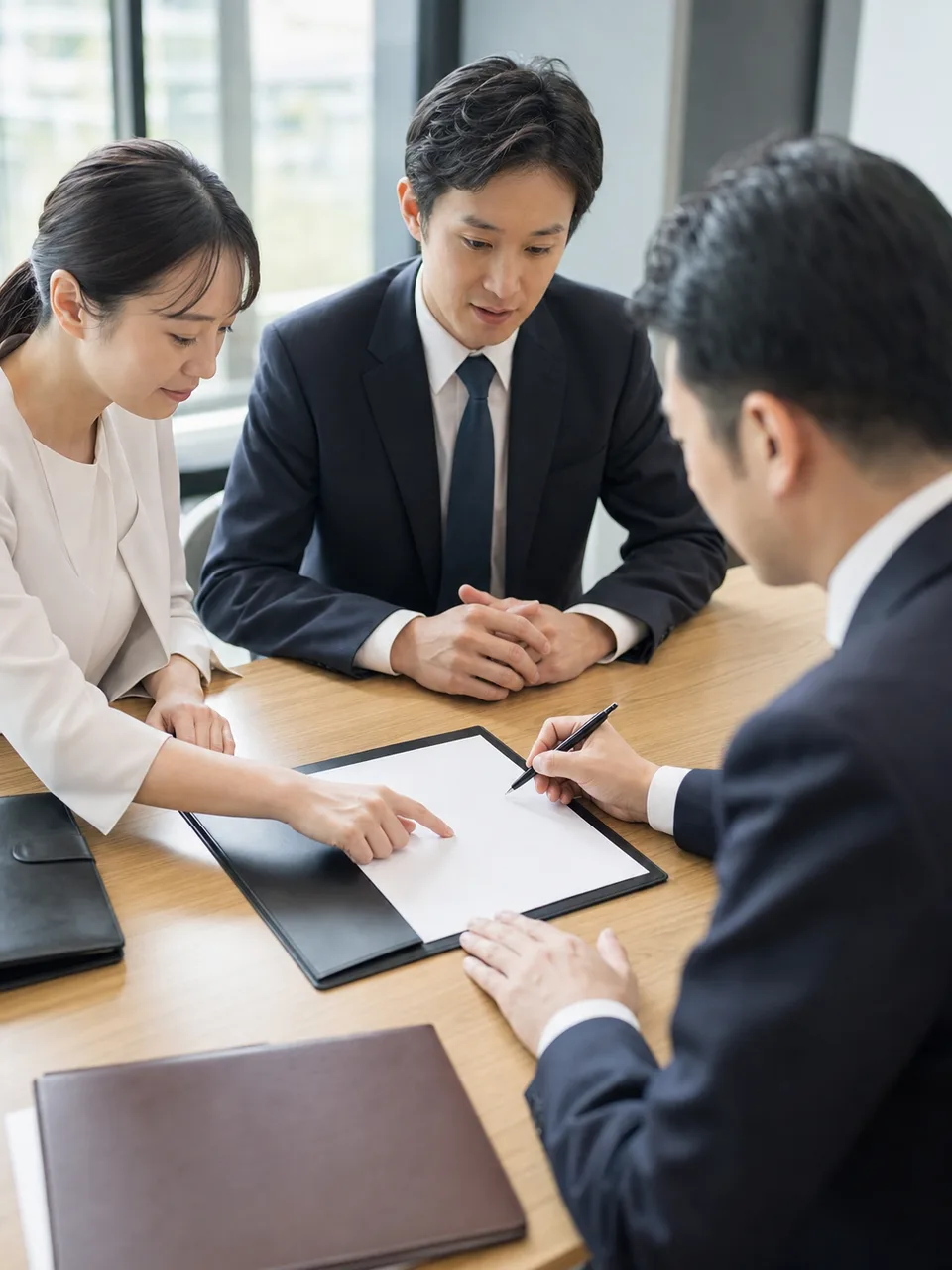 契約内容を確認するビジネス担当者（自然な縦位置写真）。契約、商談、士業、法人サービスの説明に使いやすいビジネス素材です。