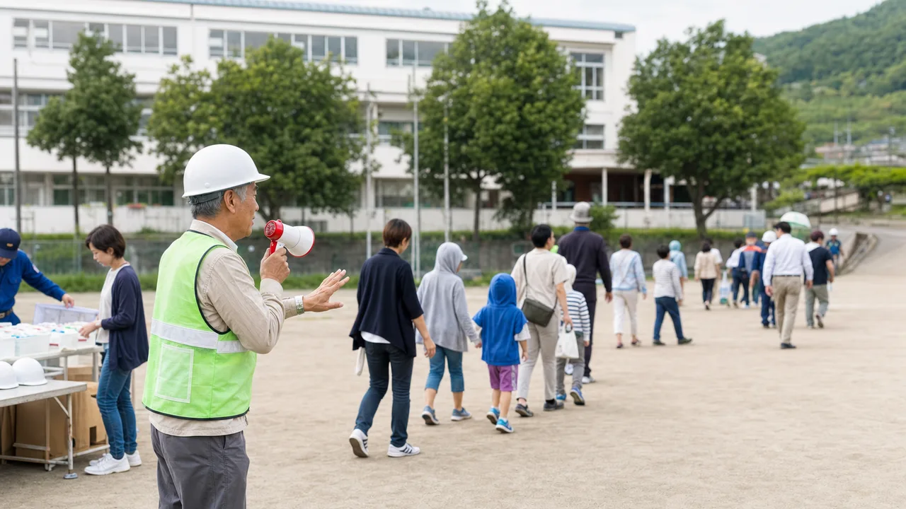 防災の日に訓練する日本人住民（横長・コピースペース）。防災の日、防災訓練、地域、備えの記事向け素材です。