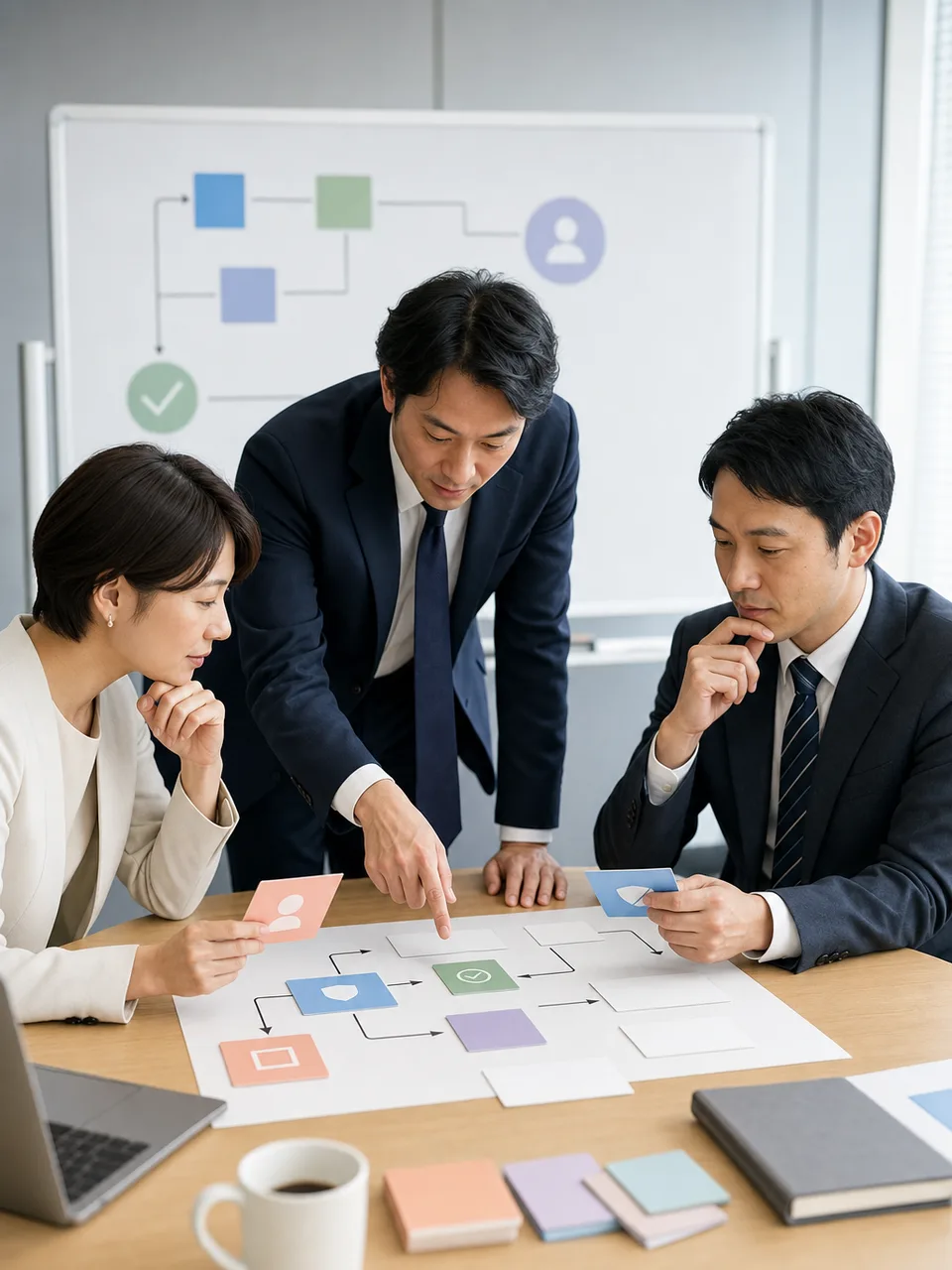 プライバシー影響評価をする日本人（自然な縦位置写真）。プライバシー影響評価、PIA、個人情報保護、データ保護の記事や案内に使える商用素材です。