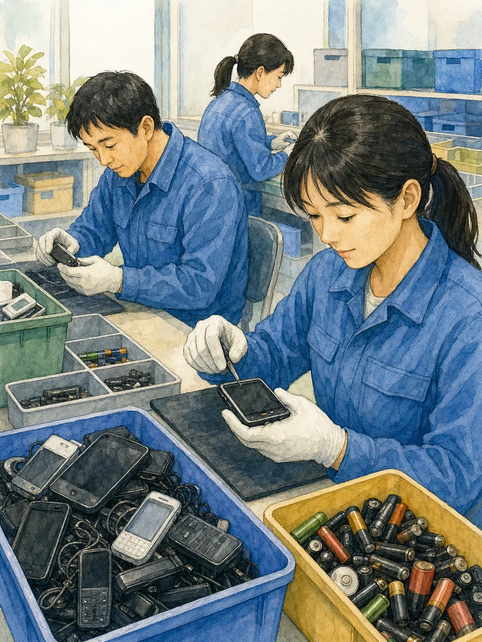 小型家電をリサイクルする日本人（手描き水彩）。小型家電リサイクル、電子廃棄物、資源回収、リサイクルの記事や案内に使える商用素材です。
