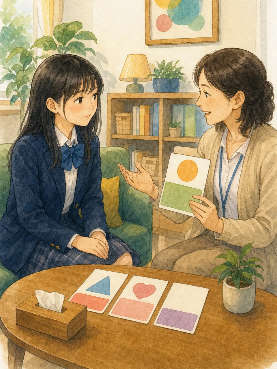 登校の悩みを相談する日本人学生（手描き水彩）。不登校支援、登校相談、学生支援、教育相談の記事や案内に使える商用素材です。