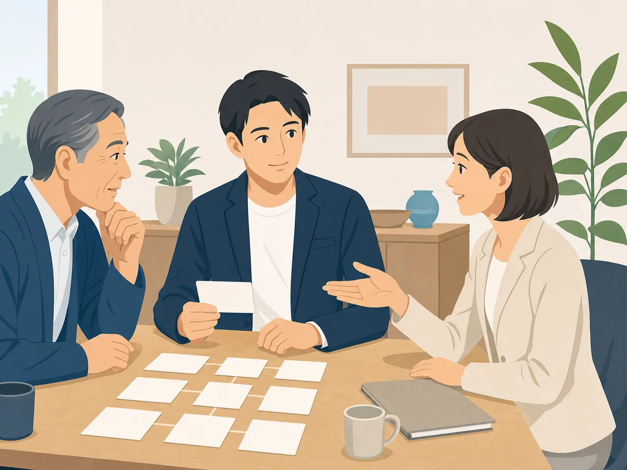 事業承継を話し合う日本人家族（フラットイラスト）。事業承継、後継者、家族経営、中小企業の記事や案内に使える商用素材です。